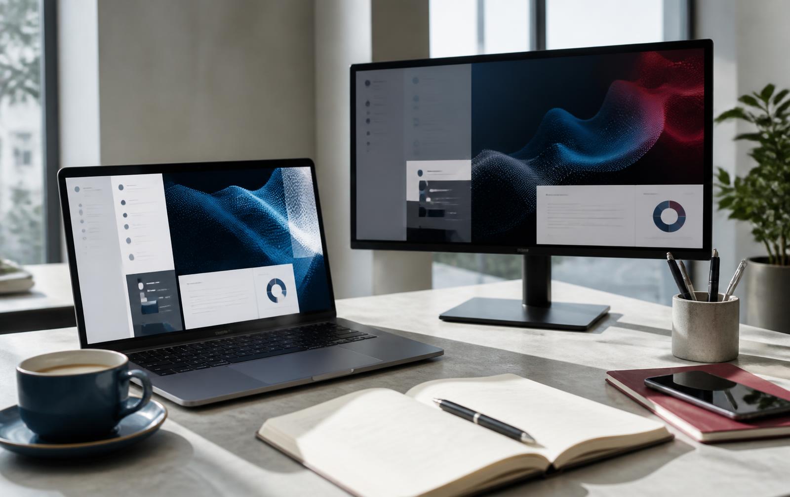 Desk with a laptop and monitor running custom business software: AI automation, a search-optimised website and a FileMaker database